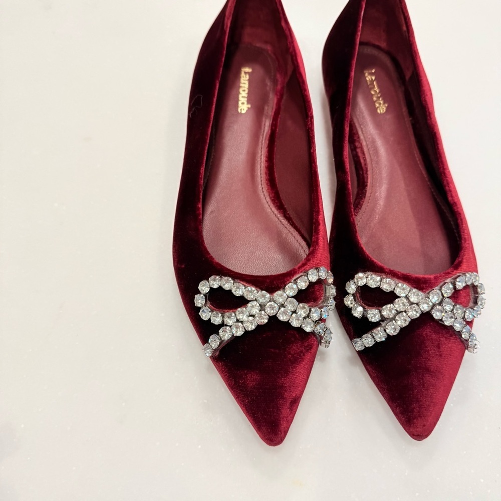 Larroude Lee pointed toe velvet Crystal bow Ballet flats in wine 7.5 NEW - Picture 10 of 12